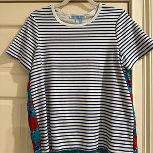 Draper James Striped Blue and White Top with Floral Accents